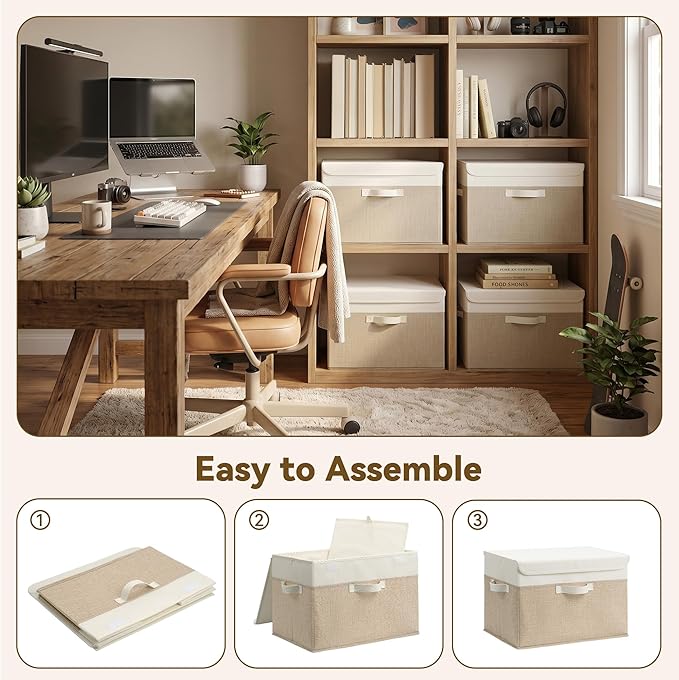 GRANNY SAYS Storage Boxes with Lids, Decorative Storage Bins, Shelf Baskets, Clothes Storage and Organization, White/Khaki, 4-Pack
