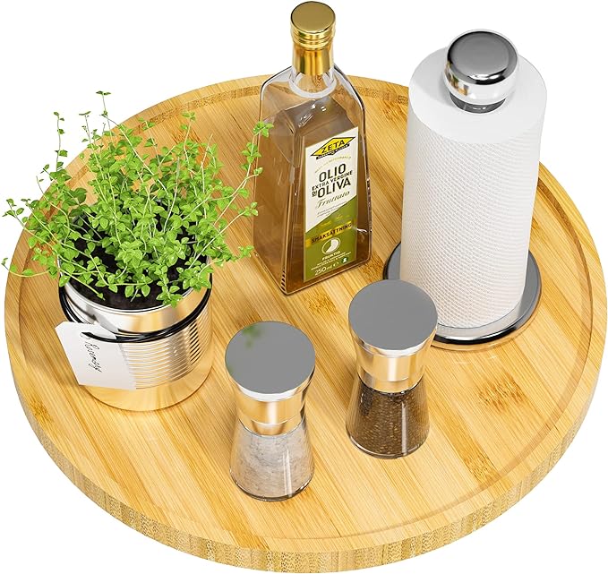 Lazy Susan Organizer, 13.2 Inch Non-Skid Bamboo Lazy Susan for Kitchen Table cabinets Closets and Kitchen Islands, Wood Turntable for Kitchen Countertop Organizer