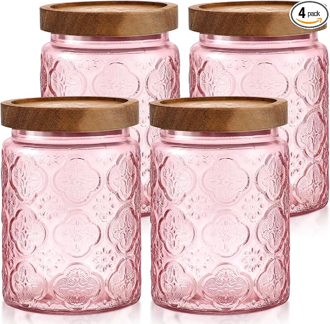 LemonRoad 4 Pcs Vintage Pink Glass Storage Jars 23.7 oz Mason Jar Canister with Wood Lids Food Storage Container for Cookie, Pantry, Candy Kitchen, Coffee, Tea, Flour, Sugar, Decorative Home Decor
