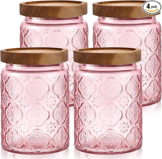 LemonRoad 4 Pcs Vintage Pink Glass Storage Jars 23.7 oz Mason Jar Canister with Wood Lids Food Storage Container for Cookie, Pantry, Candy Kitchen, Coffee, Tea, Flour, Sugar, Decorative Home Decor