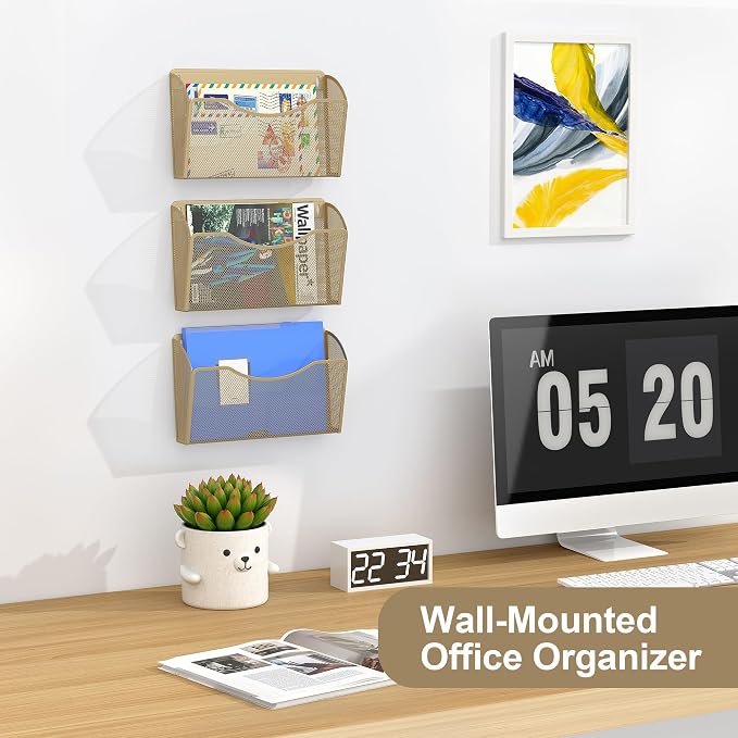 EasyPAG Wall File Organizer, Metal Mesh Hanging File Folder Holder for Letter/A4 Size Folders, Vertical Wall Mount Mail Sorter for Office Paperwork, Classroom, Gold