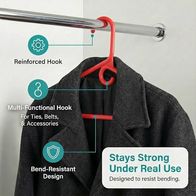 DEILSY™ Heavy Duty Plastic Hangers 50 Pack - Extra Heavy Duty Hangers for Clothes, Thick Red Plastic Hangers, Strong Clothes Hangers with Hook for Scarves & Belts
