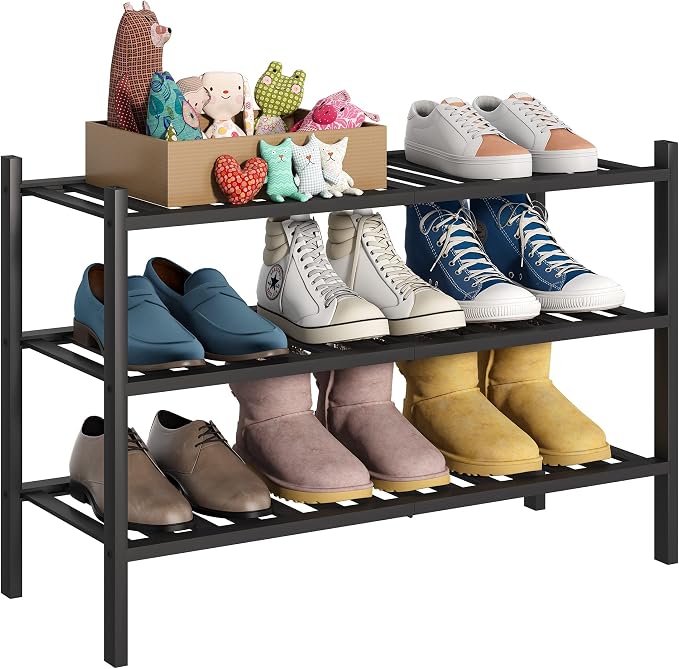 BMOSU 3-Tier Bamboo Shoe Rack Premium Stackable Shoe Shelf Storage Organizer for Hallway Closet Living Room Entryway Organizer (Black Bamboo)