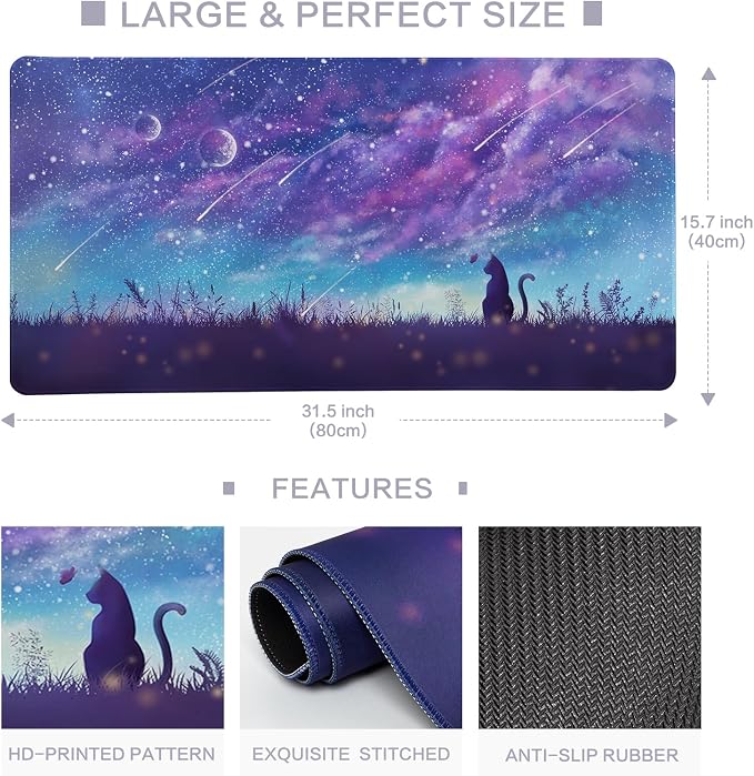 Lokigo Gaming Mouse Pad, Large Mouse Pad for Desk, Desk Mat Extended Mousepad, Cute Purple DeskPad with Non-Slip Rubber Base, Computer Mats for Desktop Home Office (31.5"x15.7", Cat)