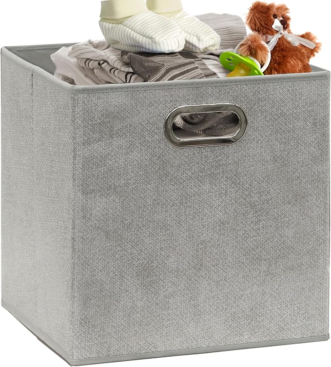 Simple Houseware 11-Inch Collapsible Fabric Cube Storage Bin with Handles, Printed Design, 6 Pack, Gray