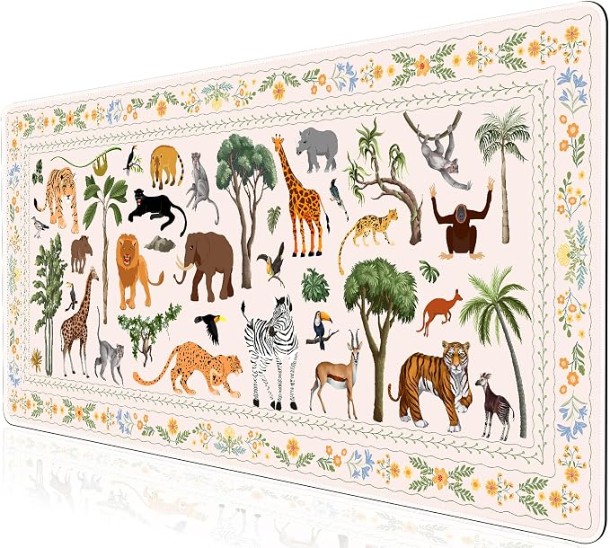 L-SPOUTTO Jungle Animal Desk Mat for Keyboard and Mouse,XXL Large Mouse Pad | Cute Non-Slip Keyboard Pad Waterproof Desktop Mat for Laptop Computer Work Game Home Office-Ivory/Beige