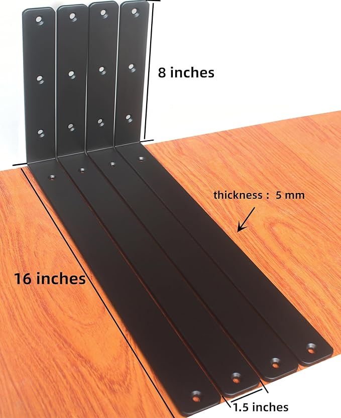 12 Pack - L 16" x H 8" x W1.5, 5mm Thick Black L Shelf Bracket, Iron Shelf Brackets, Metal Shelf Brackets, Floating Shelf, Shelf Supports with Screws