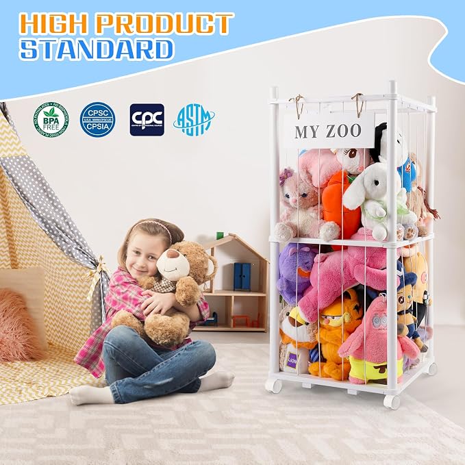GLDZI Stuffed Animal Storage Zoo with Wheels, Wooden Stuffed Animal Organizer with Elastic Cords, Space Saving Toy Plushies Storage Holder for Playroom, Bedroom, Living Room(White, Small)