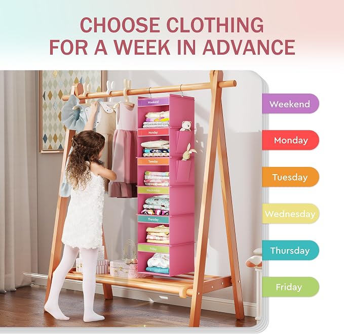 YOUDENOVA 6-Shelf Weekly Hanging Closet Organizer, Weekly Clothes Organizers for Kids with 2 Side Pockets, Pink