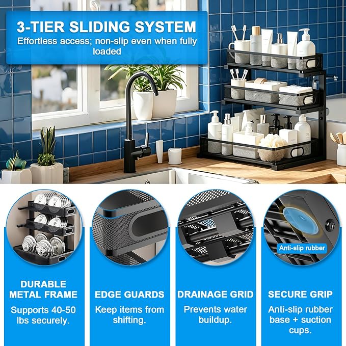 Under Sink Organizer, 1-Pack 3-Tier Thickened Metal Pull out Cabinet Organizer Shelf, Height Adjustable Slide out Storage Drawer Rack for under sink organizer bathroom Kitchen,Laundry Room & Pantry | Space-saving cabinet organizer, solid build, easy as...