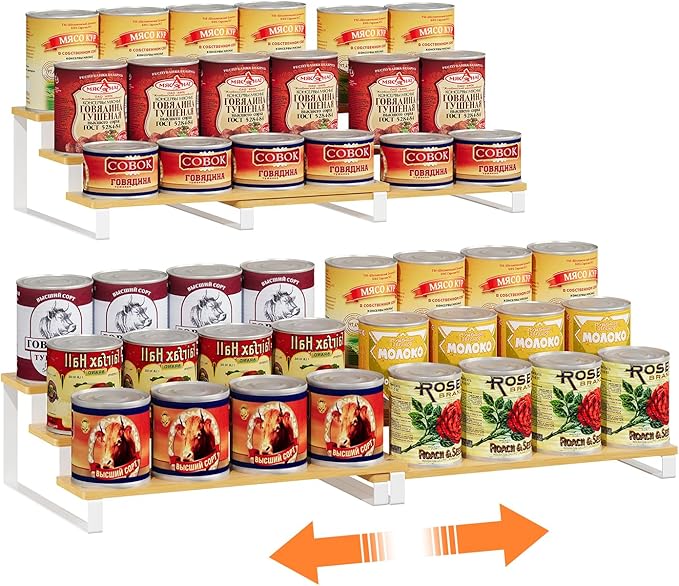 Expandable Can Organizer for Pantry, 3-Tier Adjustable Bamboo & Iron Can Rack for Cabinets, Easy Access Food Storage Shelf for Canned Goods