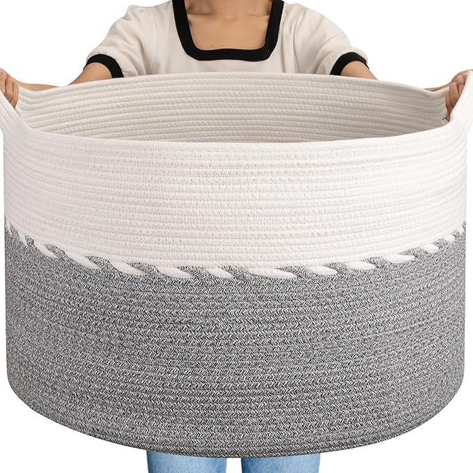 OIAHOMY 125L Extra Large Blanket Basket, 25" x 16", Jumbo Laundry Hamper, Cotton Rope Basket with Handles for Living Room,Baby Toy Basket for Storage, Grey