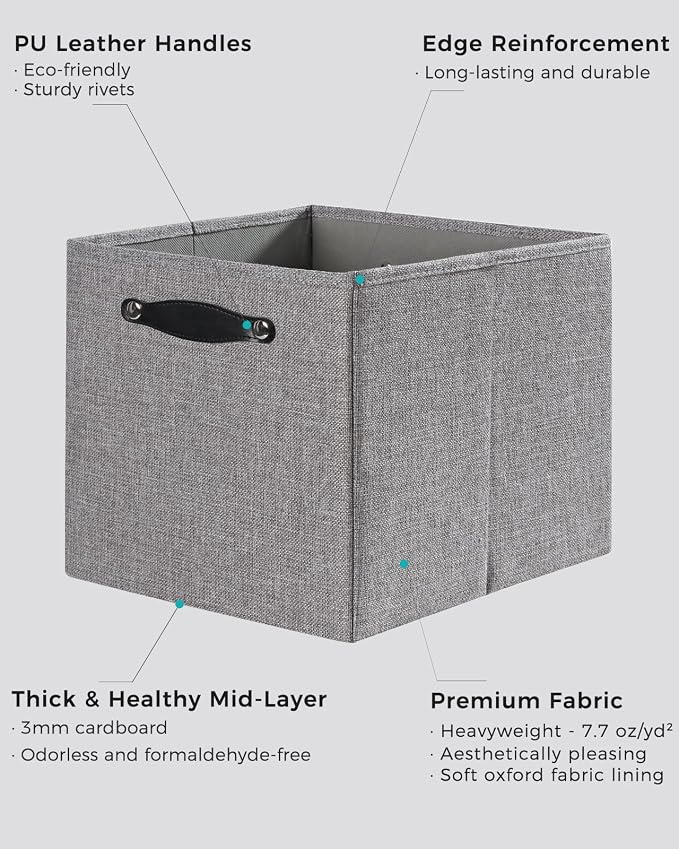 Cube Storage Bins | 13"x15"x13", Dim Gray, 4 Pack | Multi-Size | 2X Thick Support Board | Vegan Leather Handles | 7.7 oz/yd² Fabric | Drawer Insert Basket Fits KALLAX