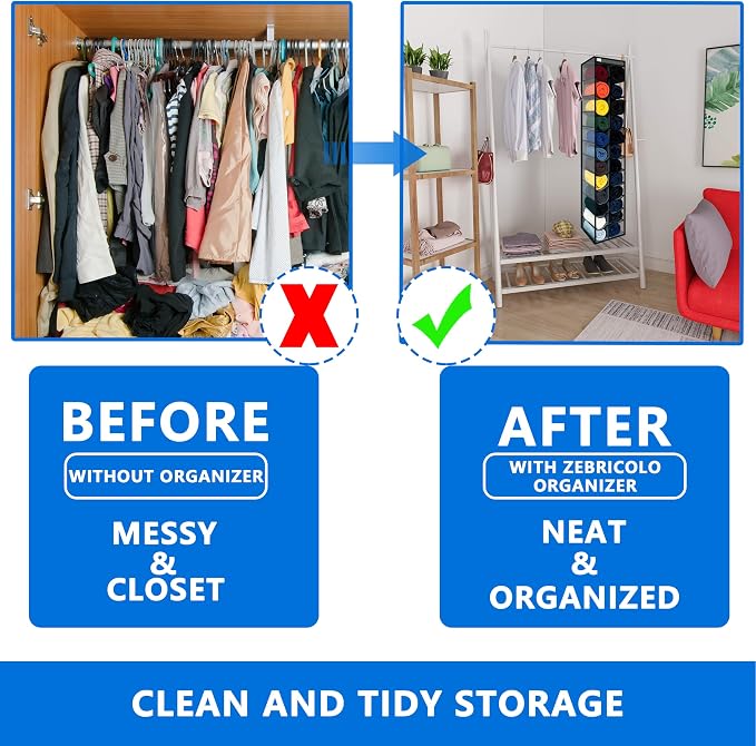 Legging Organizer for Closet Hanging, Legging Storage Bag Can Holds 24 Leggings Jeans or Shirts, Heavy Duty Metal Hooks for Over Door Storage, Wardrobe Clothes Storage - Grey/Black