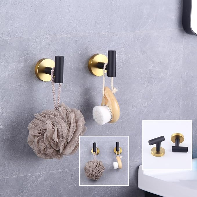 GERZWY Stainless Steel Towel Hook Robe Hook Coat Hook Heavy Duty Wall Mounted Luxury Hooks for Bathroom Hotel 2 Pack (Black & Gold) AG1107B-BD