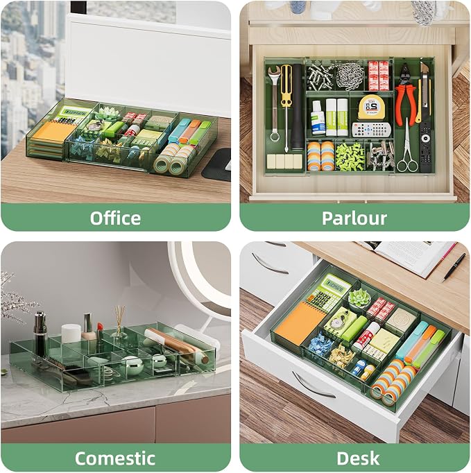 Marbrasse Expandable Desk Drawer Organizer, Clear Plastic Drawer Organizer Tray with 10 Adjustable Compartments, Desk Organizers and Accessories, 5 Drawer Dividers for Office Supplies(Clear Green)