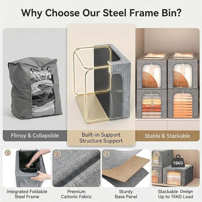 GoMaihe Blanket Storage Bins with Metal Frame, 6-Pack Large Closet Storage Bins with Lid & Clear Window, Comforter Bedding Storage Organizer for Walk-in Closet Cationic Fabric 55L