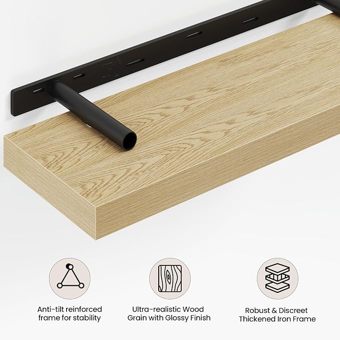 Vivelove 30 Inch Floating Shelves Wall Mounted for Display, 6.5 Deep Duty Shelves with Invisible Brackets for Living Room,Bedroom,Kitchen, Bathroom Storage & Decor,30" Wx6.5 Dx1.4 H - Oak