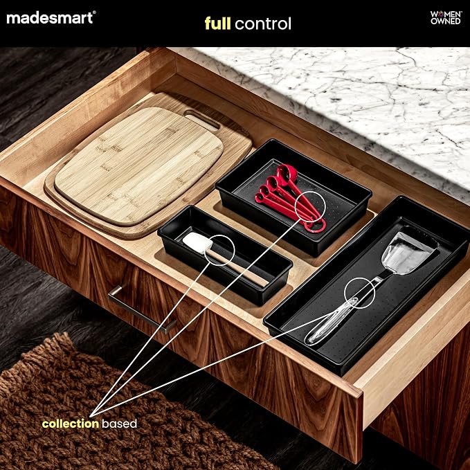 madesmart Classic 13 x 4 Long Storage Bin, Carbon | non slip feet, rounded corners, open compartment, soft grip lining, utensils tools supplies, office craft items, woman owned