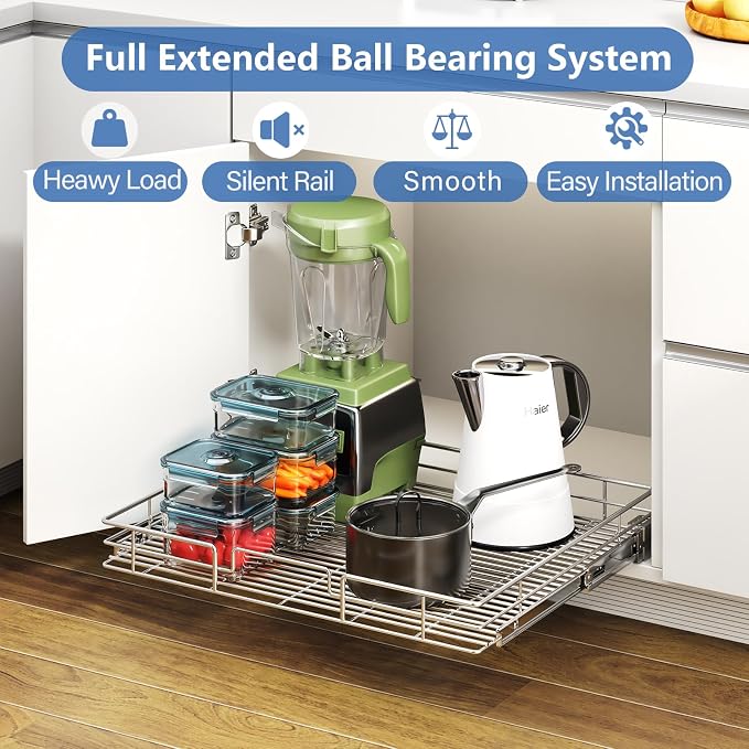 ROOMTEC Pull Out Cabinet Organizer, 27" W x 21.5" D, Heavy Duty Slide Out Kitchen Cabinet Organizers, Neutral