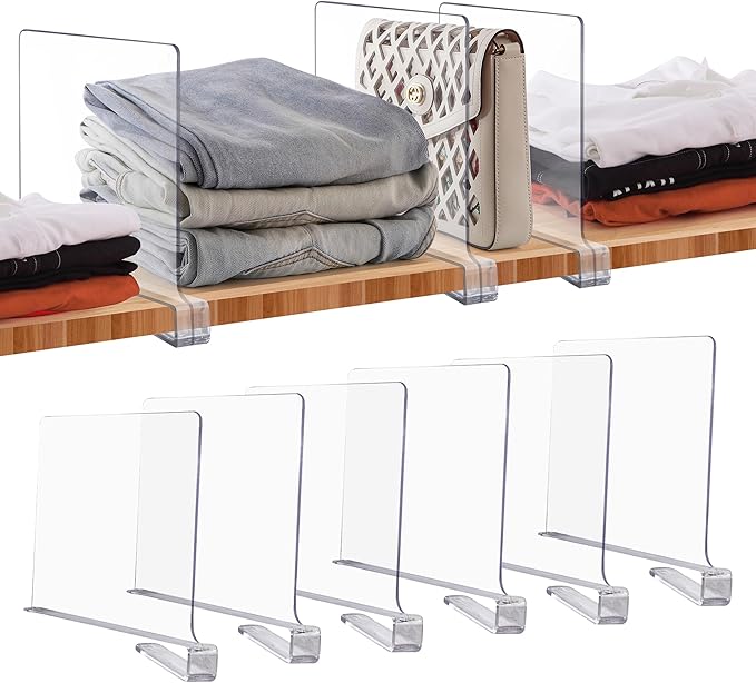 Clear Acrylic Shelf Dividers for Closets Organizer & Storage,6 Pack | Adjustable Vertical Wood Shelf Closet Separators, Keep Clean, for Clothes,Book,Bags, in Bedroom and Kitchen
