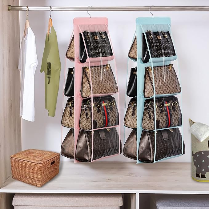 Lirex 2-Pack Handbag Hanging Purse Organizer for Closet, 8 Pocket Handbag Storage Organizer Hanger Oxford Cloth Closet Organizer for Family Closet Bedroom, Foldable and Universal Fit, Light Pink