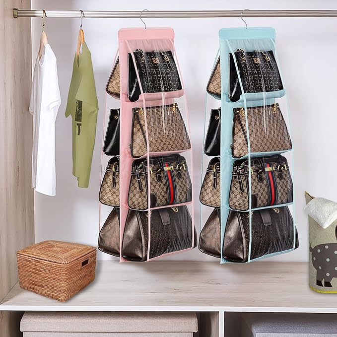 Lirex 2-Pack Handbag Hanging Purse Organizer for Closet, 8 Pocket Handbag Storage Organizer Hanger Oxford Cloth Closet Organizer for Family Closet Bedroom, Foldable and Universal Fit, Light Blue