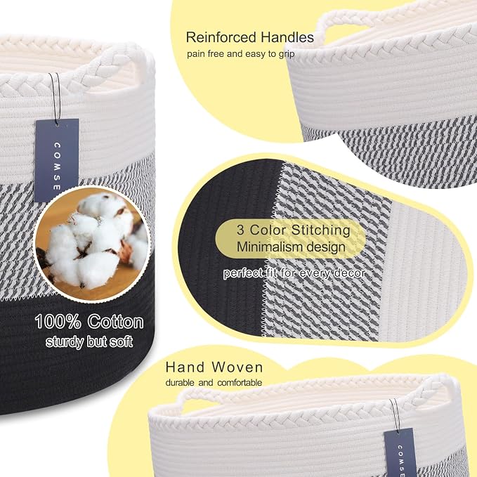 COMSE Extra Large Blanket Basket, Woven Laundry Basket, 21.7”x 13.8”, Nursery Hamper, Cotton Rope Laundry Hamper Living Room for Storage Toys Clothes Towels (White &Gray &Black)