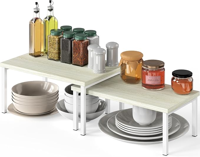 Simple Houseware Stackable Cabinet Counter Shelf Wooden Surface, Maple | Expandable Organizer 7.6" D x 11.75" W x 6.1" H