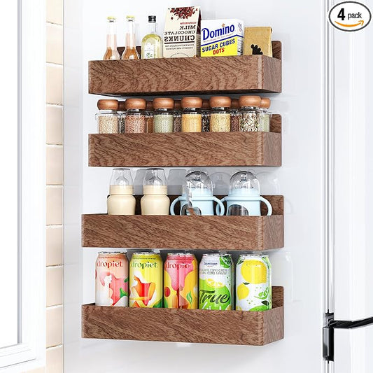 Mystozer Magnetic Spice Rack for Refrigerator, Kitchen Organizer and Storage Shelf, Wood Red, 4 Pack