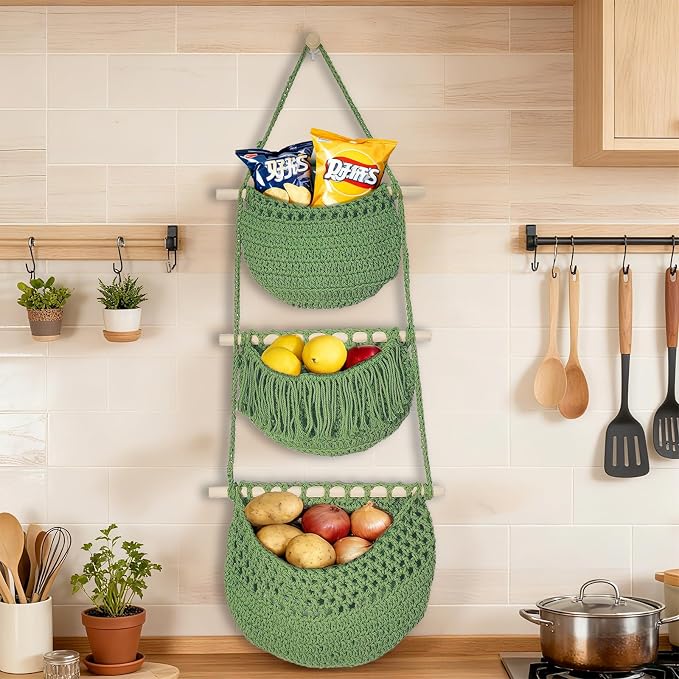 Halidali 3 Tier Hanging Fruit Baskets for Kitchen, Boho Cotton Rope Handwoven Vegetable Hammock Produce Storage Wall Mounted Large Organizing Basket for Farmhouse Decor, Onion, Potato (Green)