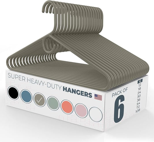 Super Heavy Duty Clothes Hangers 6 Pack – Made in the USA - 10lb Capacity, Thick Plastic Hangers for Pants, Coats, Jackets, Jeans and Adult Clothing – Gray