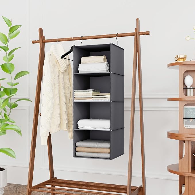 Hanging Closet Organizer 4-Shelf, Oxford Fabric Wardrobe Storage, Dark Grey | Easy-mount foldable design holds clothes, handbags, shoes & accessories; washable Oxford fabric, sturdy and space-saving.