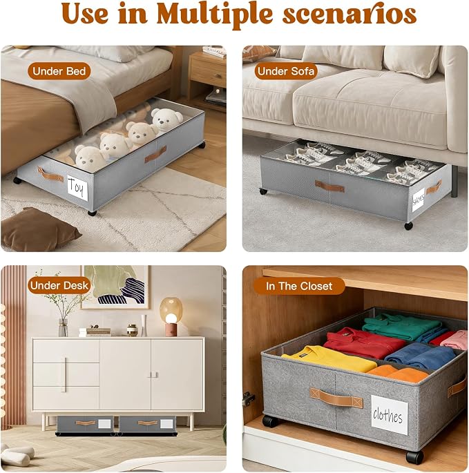 Under Bed Storage with Wheels, Rolling Under Bed Storage Containers with Clear Lid and Handles for Clothes, Shoes, Blankets, Pillows, Toys, Books, Bags (60L, 30.9 x 16.9 x 6.7in, Grey, 2 Pack)