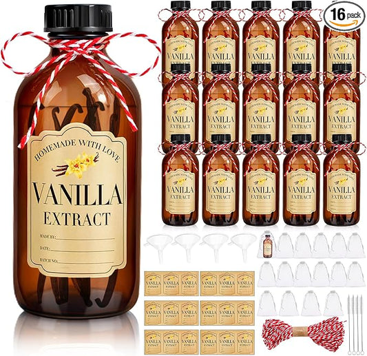 BHHQHH 16Pcs 8 oz Amber Glass Bottle Boston Round Bottles for Vanilla Extract Homemade,Brown Vanilla Extract Bottles with Caps for Syrup Gift Glass Food Storage Canister and Sauce Beans