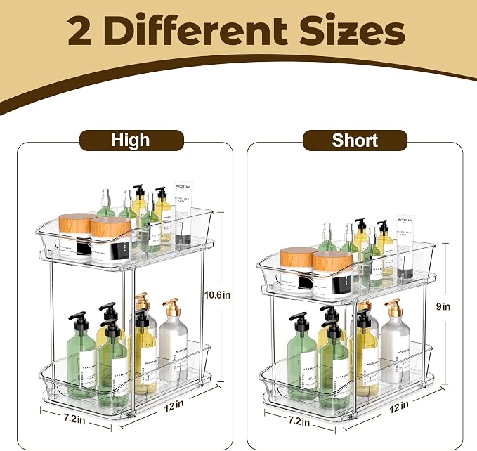 Incostar 2 Tier Pull-Out Organizer for Bathroom Kitchen, Under Sink Storage with Dividers, Ideal for Cabinet, Cupboard Organization, Slide-Out Clear Storage, 2 Pack