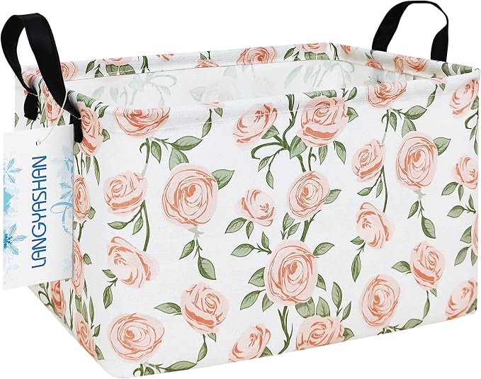 Rectangular Collapsible Champagne Rose Storage Basket Nursery Organizer | Storage Bin Foldable Canvas with Handles for Organizing Home Kitchen Children Toys Office Closet Shelf Baskets