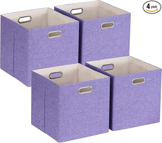 Foldable Cube Storage Bin Organizing Baskets Cubby Boxes Fabric Storage Cubes Organizer Bins with Handles for Organization Shelf Closet, 13"x13"x13", Pack of 4, Purple