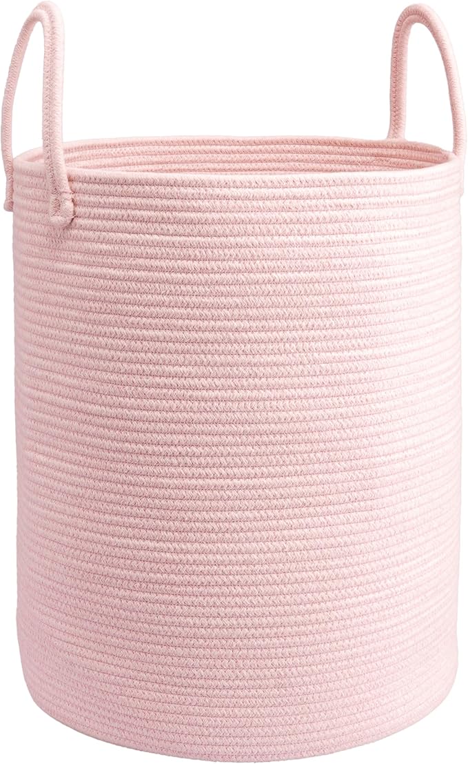 Woven Cotton Rope Laundry basket-15”X20” Laundry Hamper-Rope Storage Basket for Dirty Clothes, Toys and Blankets Perfect for Bathroom, Baby nursery and Living Room Storage (pink)