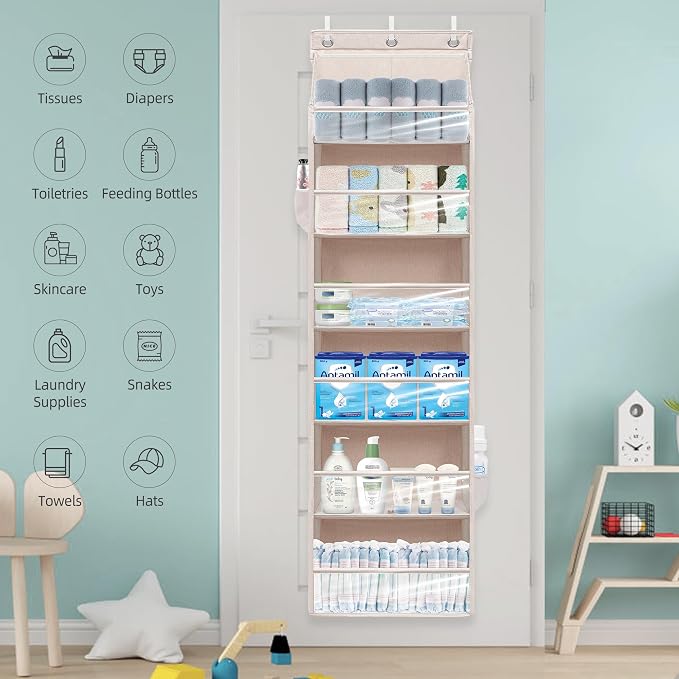 Over Door Organizer with 6 Extra Large Pockets 12 Side Pockets, Sturdy Closet Storage Rack, Hanging Storage Organizer with Clear Window for Shoes, Diaper, Bedroom, Bathroom, Beige, 6-Pack