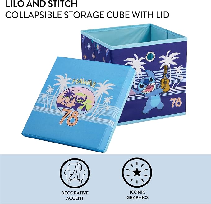 Lilo & Stitch Collapsible Storage Cube with Removable Lid,10"x10"x10" Fabric Organizer Bin for Kids’ Toys, Clothes & Accessories, Bedroom or Playroom Storage Box