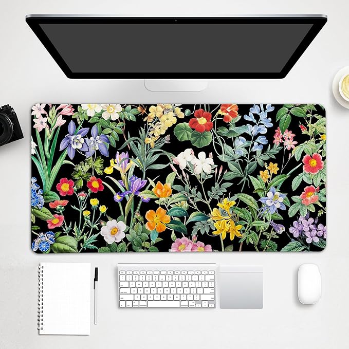 Lokigo Black Flower Desk Mat Floral Plants Mouse Pad, Wildflowers Large Gaming Mousepad Desk Pad, XXL Keyboard MouseMat Full Desktop Mat Women Office Accessories 31.5"x15.7"