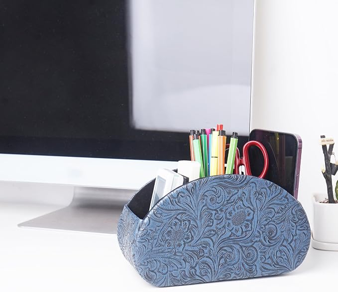 Remote Control Holder, PU Leather Remote Caddy Desktop Organizer with 5 Spacious Compartments for TV Remotes/Media Controllers/Office Supplies (1-Carved3 Blue
