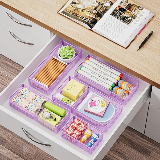 Marbrasse 5 Pack Desk Drawer Organizer Set, Mesh Drawer Storage Trays with 1 Adjustable Divider, Desk Organizers and Accessories, 5 PCS Drawer for Office Supplies, Makeup & Vanity (Purple)