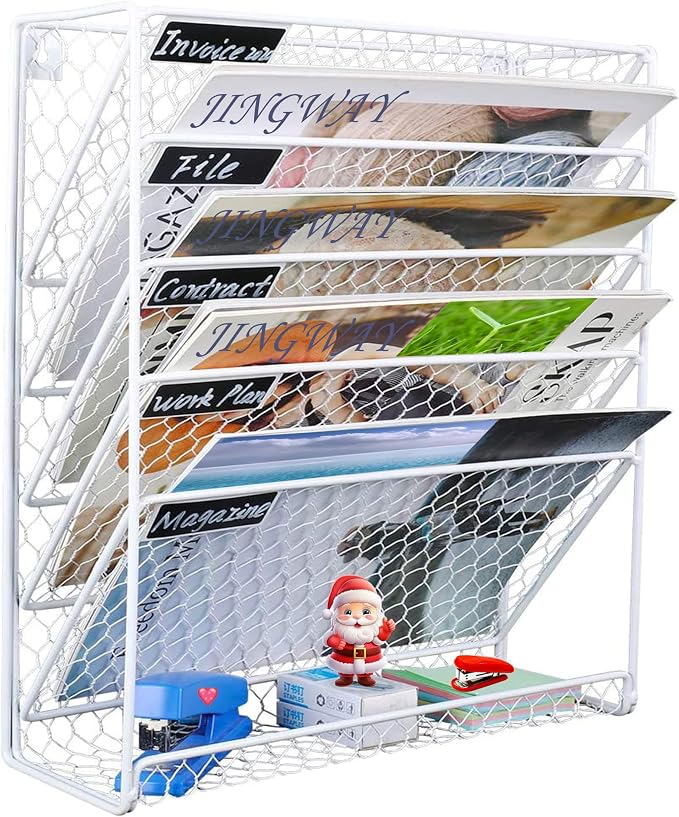 Wall File Holder Hanging Mail Organizer Metal Chicken Wire Wall Mount Magazine Rack for Home and Office (White)