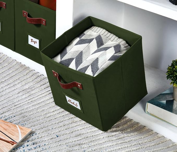 DECOMOMO Storage Bins, Cube Storage Bin with Labels | 13" x 13" x 13" Fabric Storage Cubes for Shelves (6pcs, Olive Green)