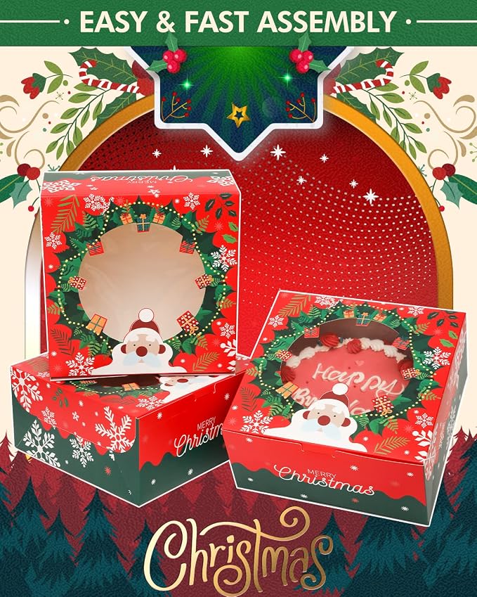 qiqee Christmas 10x10x5 inch Cake Box with Window Bakery Box 4pcs Pastry Box for Christmas's Day
