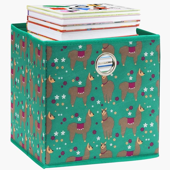 Simple Houseware 10-Inch Collapsible Fabric Cube Storage Bin with Handles, Printed Design, 6 Pack, Green