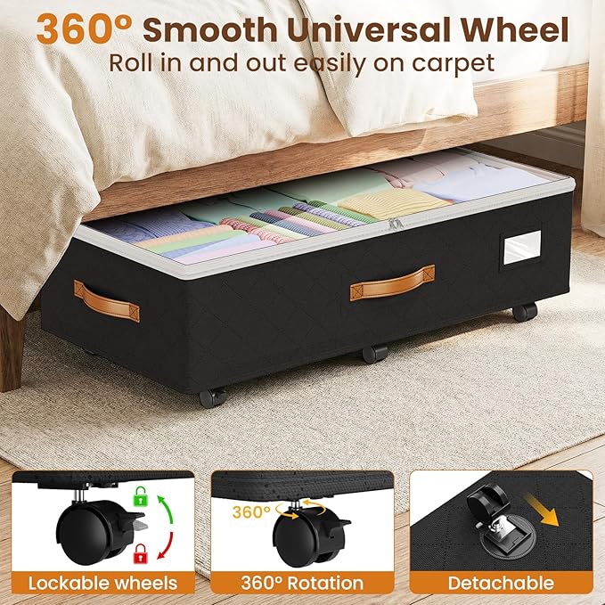 Budding Joy Under Bed Storage with Wheels 2Pack, 80L- Height Adjustable Underbed Containers with Clear Lids, Rolling Under Bed Shoe Storage Organizer for Dorm Home Clothes, Blankets, Toys, Black