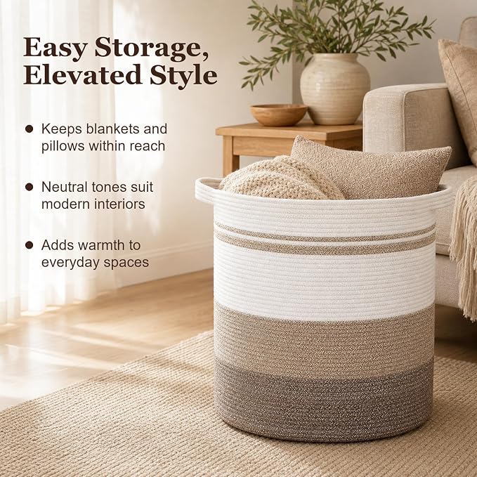 OIAHOMY 80L Laundry Baskets Hamper with Handles,Decorative Basket for Living room,Woven Storage Basket for Toys Bin,Pillows, Blankets,Clothes-20x18in-Gradient Yellow